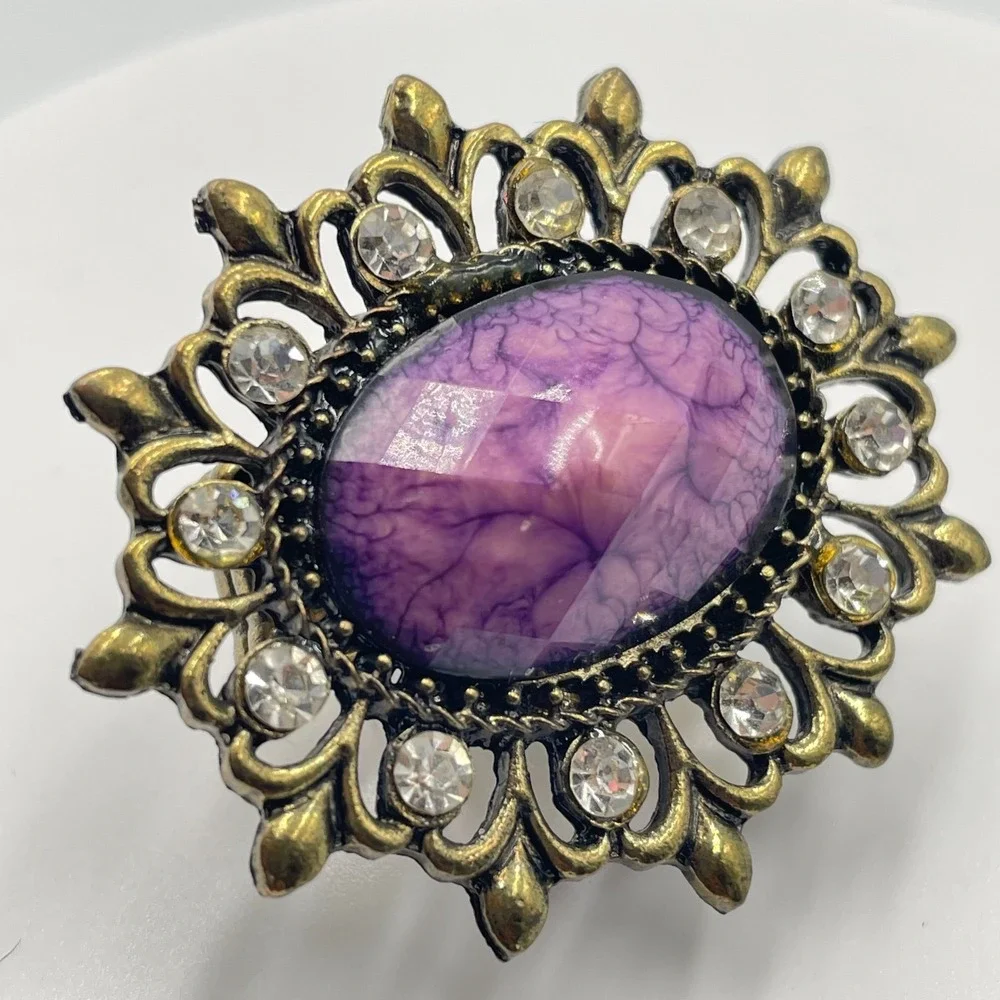 Vintage Purple Faux Agate Statement Ring Antique Gold Tone Rhinestone Stretch